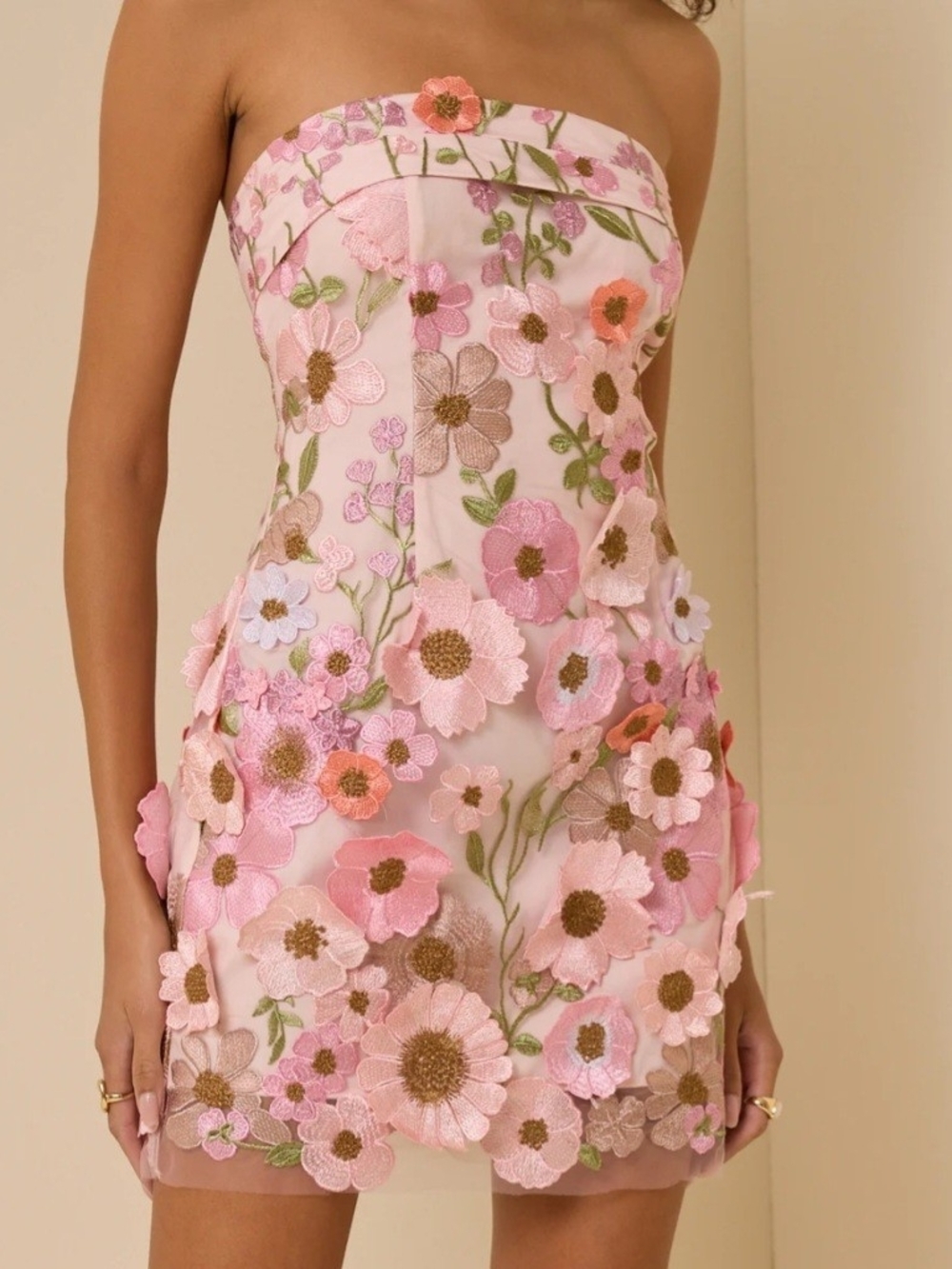 Altar'd State Pink Floral Strapless Appliqué Mini Dress